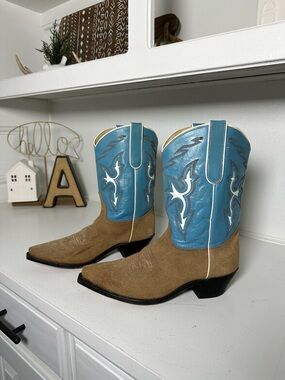 Dan Post Cowgirl Boots Womens 8.5M Genuine Cowhide Tan Blue Western Suede